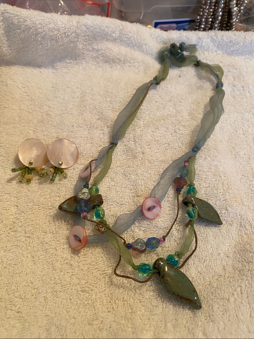 Handcrafted Teresa Goodall Green Leaf Bead Necklace with matched earrings